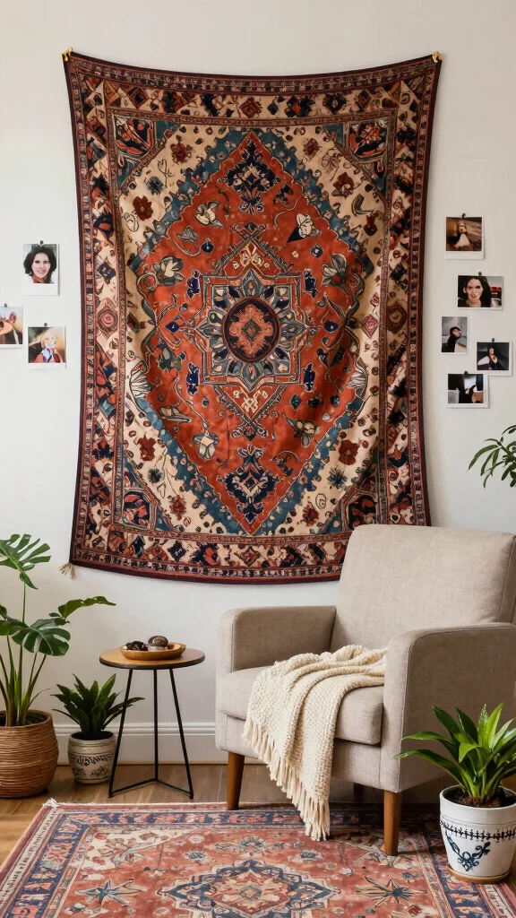 12 Living Room Photo Wall Ideas for a Meaningful Layered Display - 2. Bohemian Tapestry and Photo Fusion 1