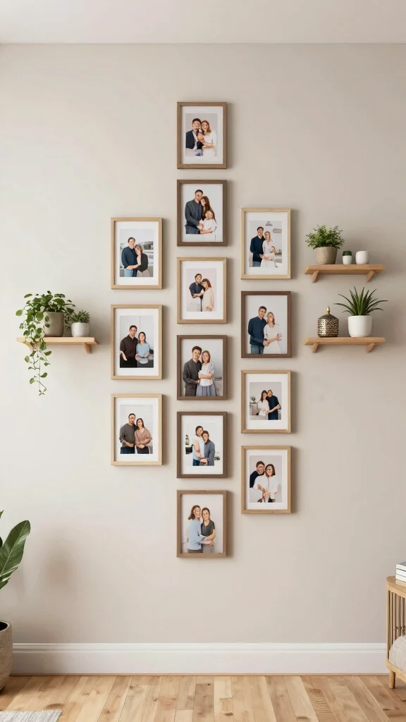 12 Living Room Photo Wall Ideas for a Meaningful Layered Display - 3. Vertical Line Display 1
