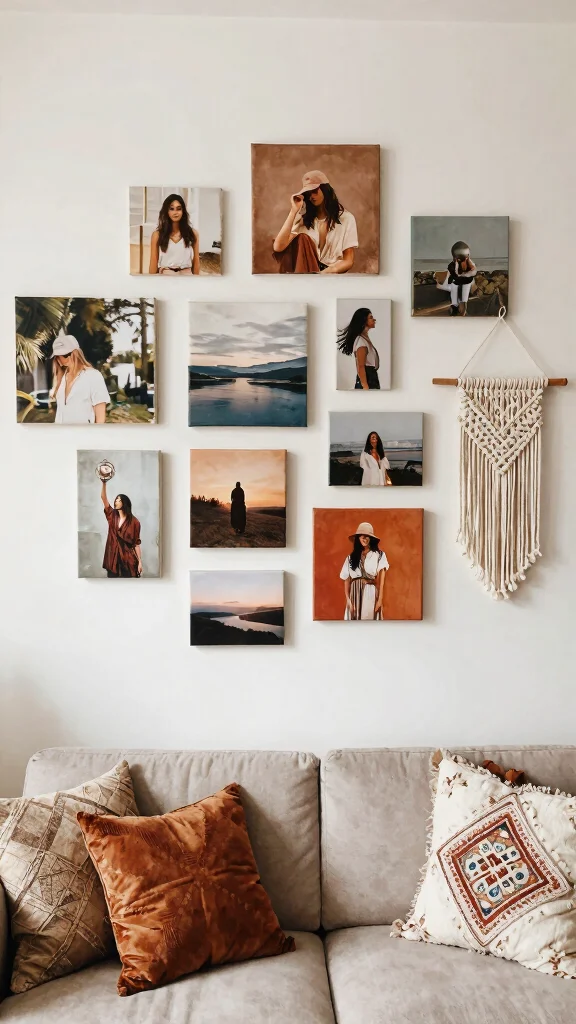 12 Living Room Photo Wall Ideas for a Meaningful Layered Display - 4. Mixed Media Magic 1
