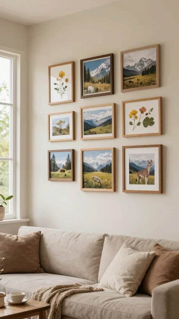 12 Living Room Photo Wall Ideas for a Meaningful Layered Display - 5. Nature-Inspired Display 1