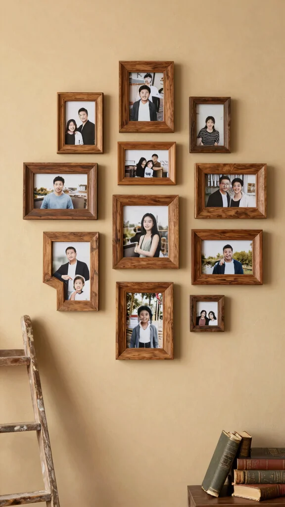 12 Living Room Photo Wall Ideas for a Meaningful Layered Display - 6. Rustic Wood Frame Collection 1