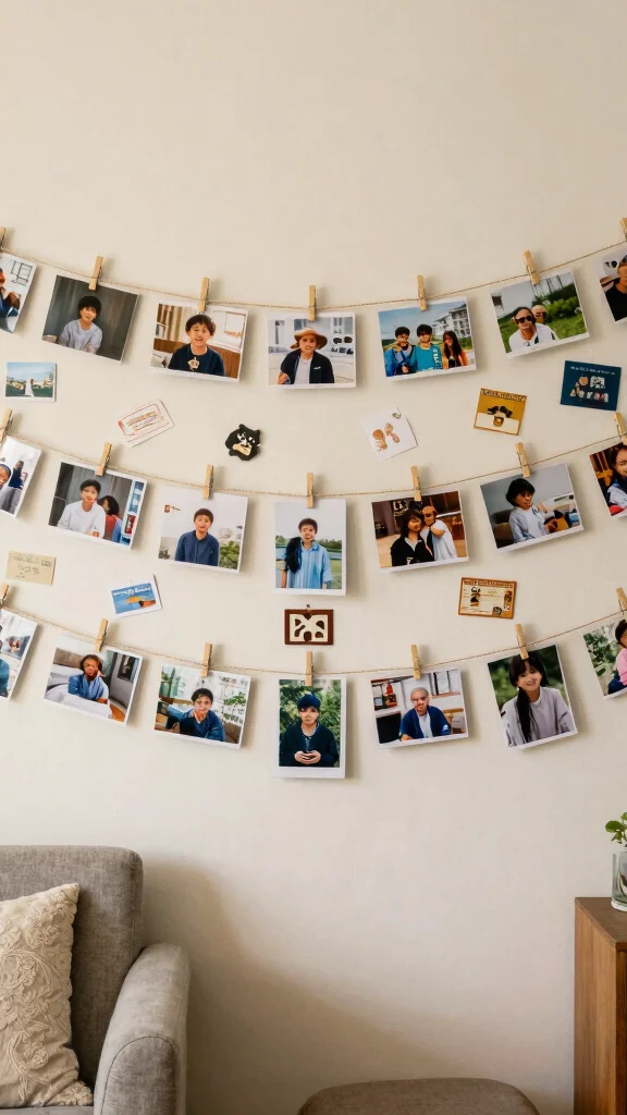 12 Living Room Photo Wall Ideas for a Meaningful Layered Display - 7. Personal Journey Timeline 1