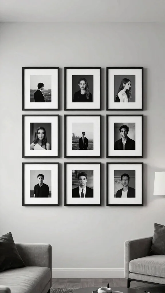 12 Living Room Photo Wall Ideas for a Meaningful Layered Display - 8. Minimalist Monochrome 1