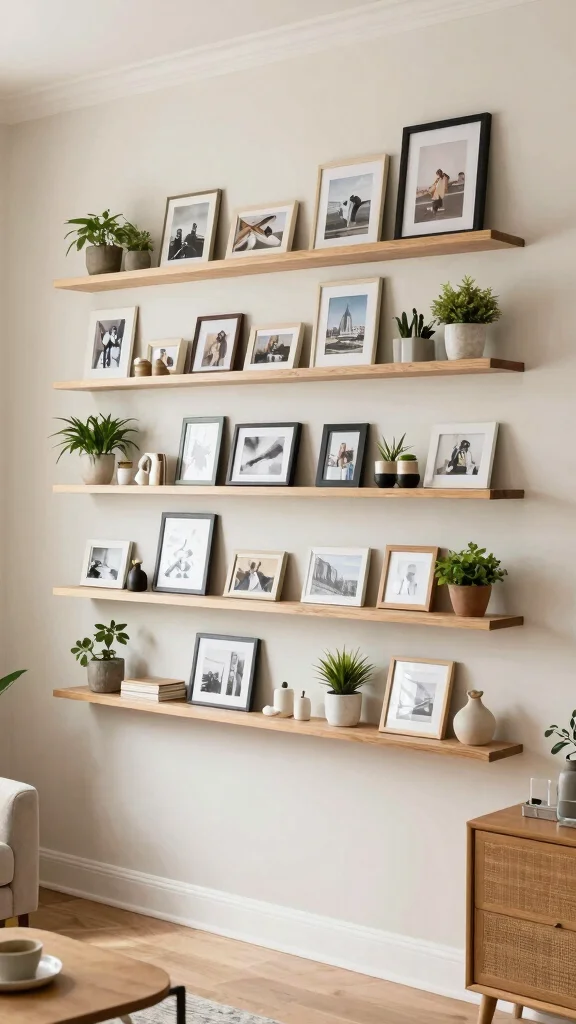 12 Living Room Photo Wall Ideas for a Meaningful Layered Display - 9. Fabulous Floating Shelves 1