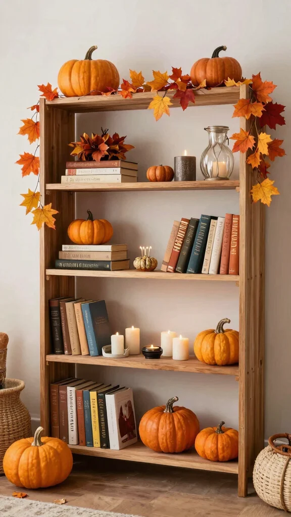 12 Living Room Shelf Ideas for Books Decor and Organized Display - 11. Seasonal Decor 1