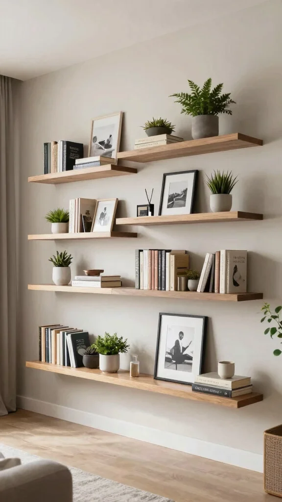 12 Living Room Shelf Ideas for Books Decor and Organized Display - 6. Floating Shelves 1