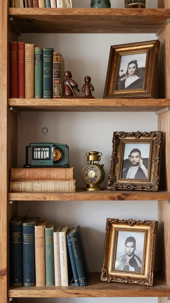 12 Living Room Shelf Ideas for Books Decor and Organized Display - 8. Vintage and Antique Finds 1