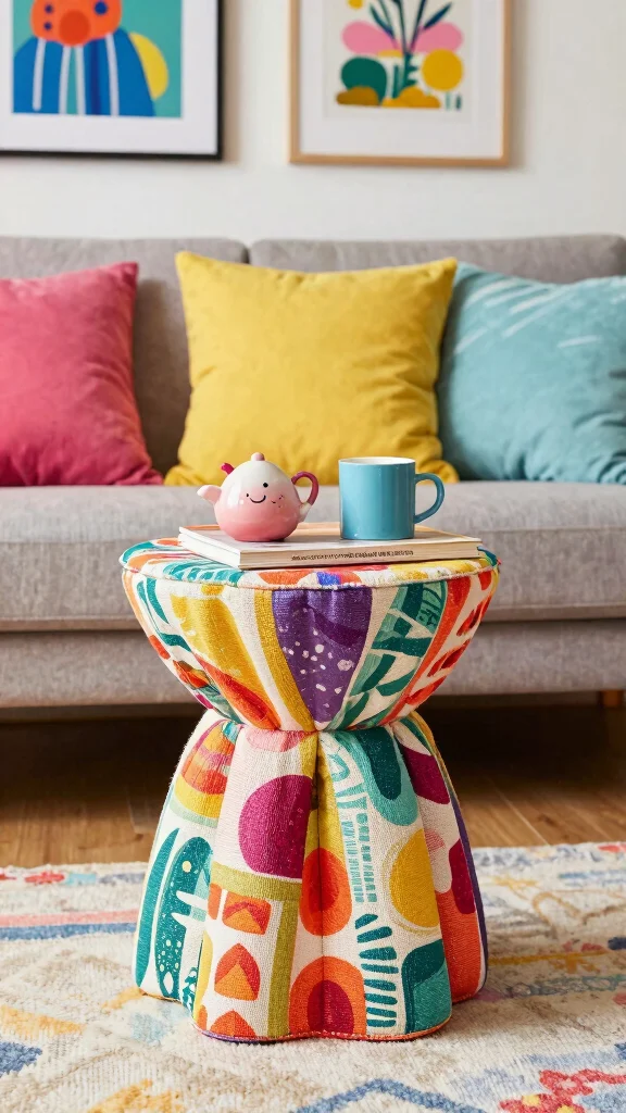 12 Living Room Side Table Ideas for a Functional Styled End Surface - 11. Vibrant Fabric-Wrapped Tables 1