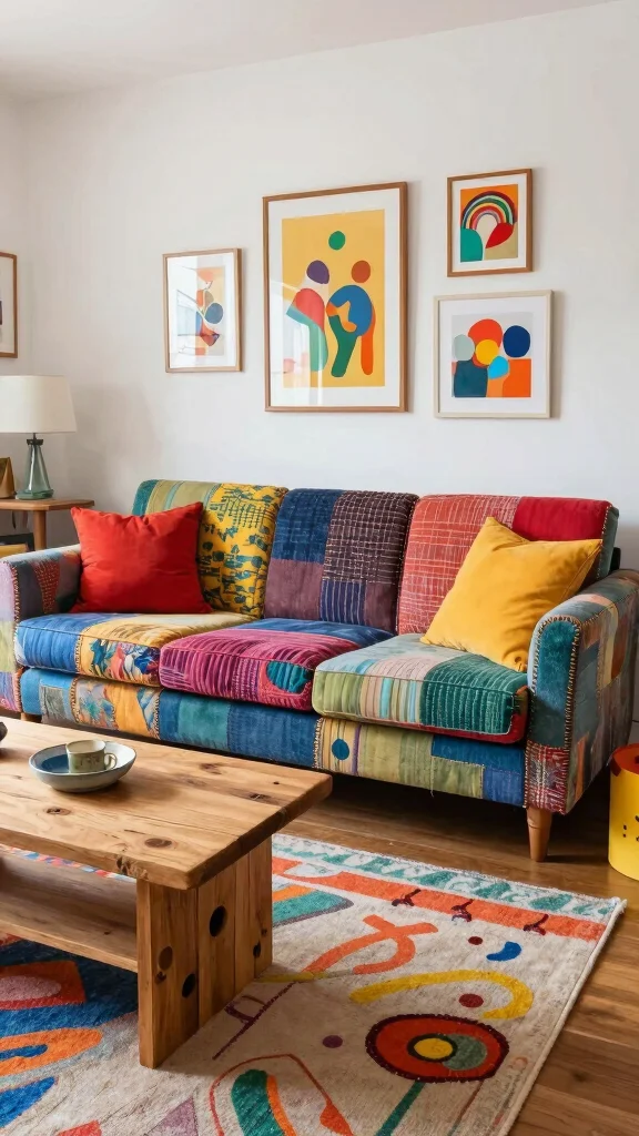 12 Living Room Sofa Design Ideas for Every Style and Space - 5. Colorful Upcycled Fabrics 1