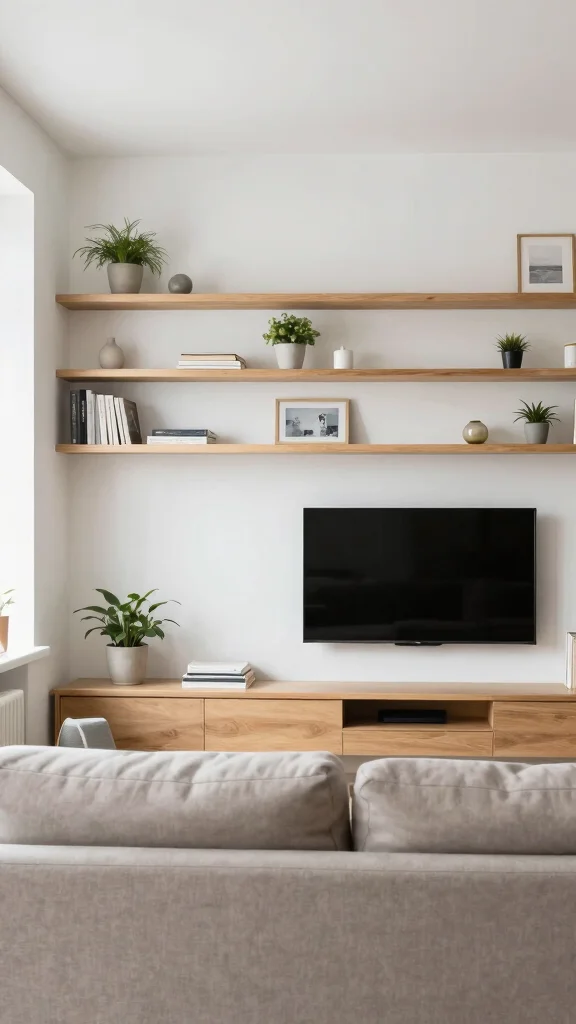 12 Living Room TV Wall Ideas for a Minimal Styled Entertainment Setup - 1. Floating Shelves for a Clean Look 1