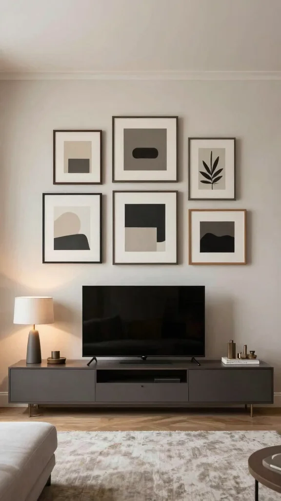 12 Living Room TV Wall Ideas for a Minimal Styled Entertainment Setup - 3. Statement Gallery Wall 1