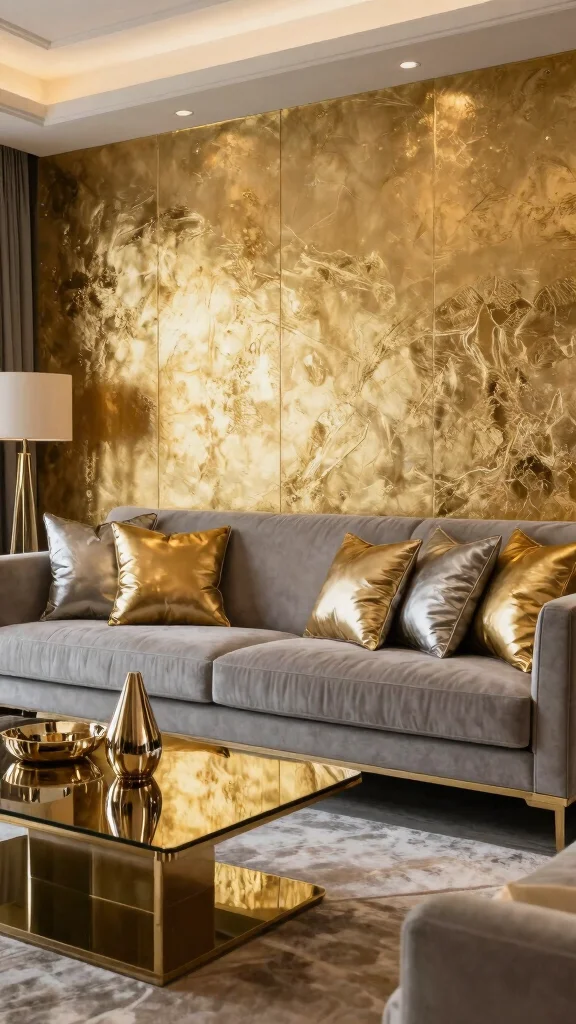 12 Living Room Wall Texture Ideas for a Tactile Dimensional Finish - 11. Metallic Finishes for Glamorous Touches 1