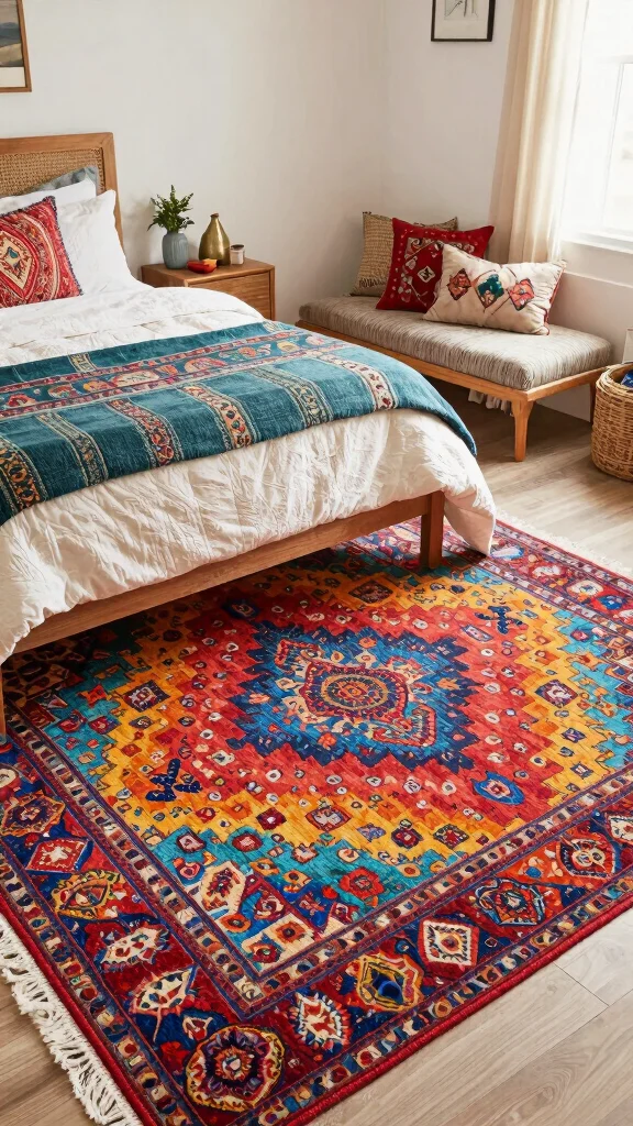 13 Bedroom Interior Design Ideas for a Beautiful Personal Sleep Space - 10. Bohemian Rugs to Define the Space 1