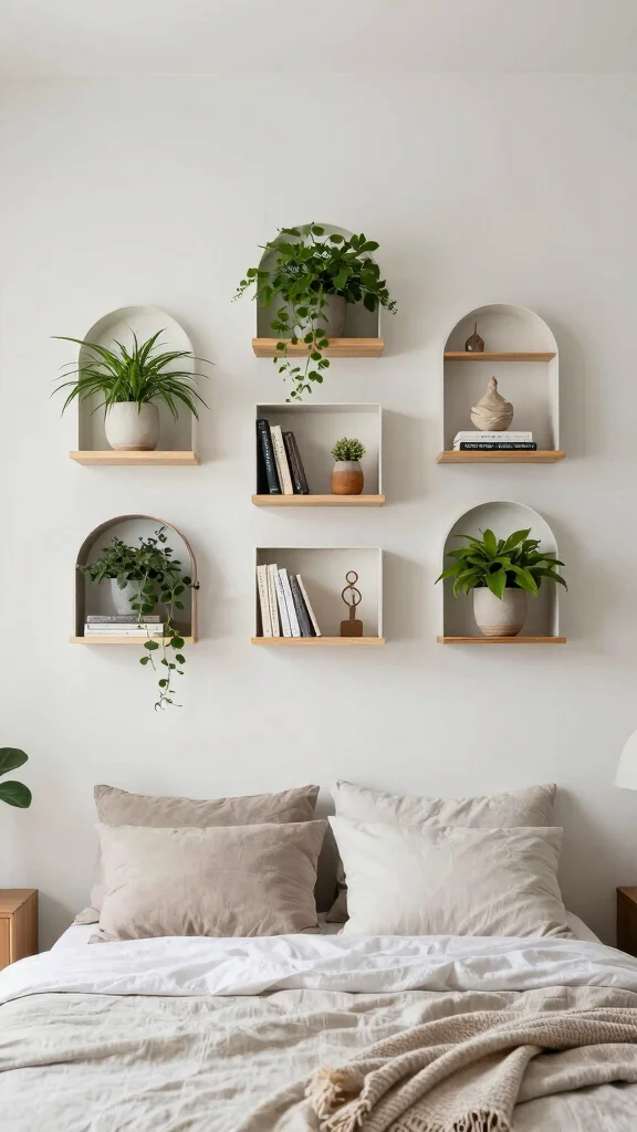 13 Bedroom Wall Decor Ideas for Above the Bed Ledges and Every Wall - 7. Artistic Wall Shelves for Display 1