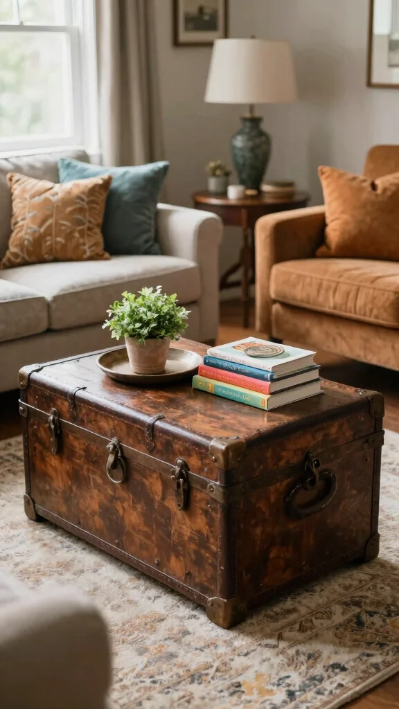 13 Living Room Coffee Table Ideas for Style Storage and Proportion - 3. Upcycled Vintage Trunk 1