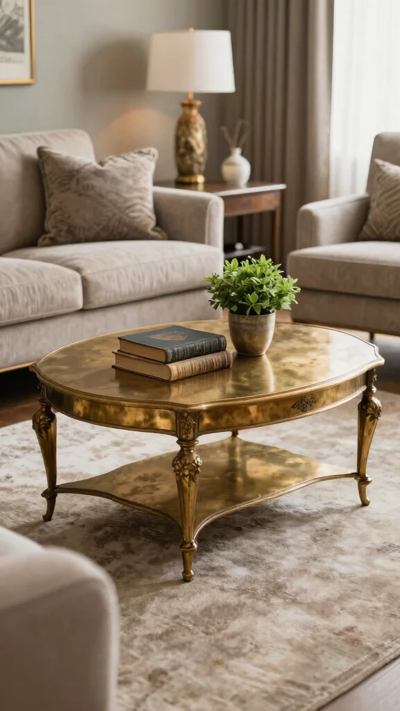 13 Living Room Coffee Table Ideas for Style Storage and Proportion - 9. Antique Brass Coffee Table 1
