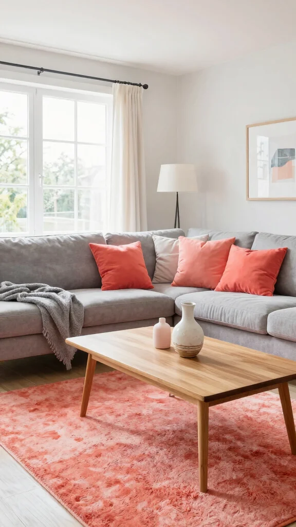 13 Living Room Color Scheme Ideas for a Harmonious Styled Space - 10. Bright Coral and Soft Grey 1