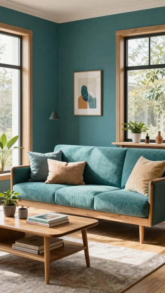 13 Living Room Color Scheme Ideas for a Harmonious Styled Space - 11. Cool Teal and Natural Wood 1