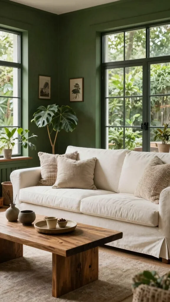 13 Living Room Color Scheme Ideas for a Harmonious Styled Space - 12. Deep Forest Green and Warm Whites 1