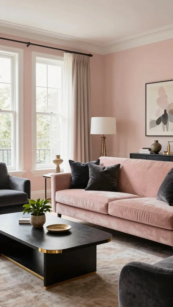 13 Living Room Color Scheme Ideas for a Harmonious Styled Space - 5. Soft Blush and Deep Charcoal 1