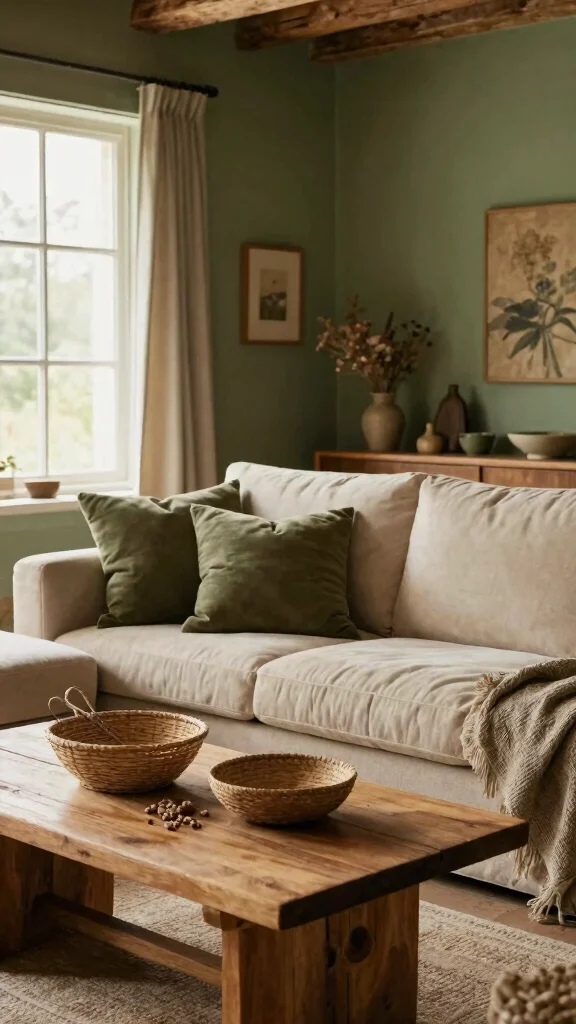 13 Living Room Color Scheme Ideas for a Harmonious Styled Space - 9. Rustic Olive Green and Warm Neutrals 1