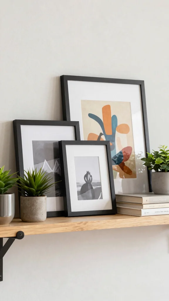 13 Living Room Wall Decor Ideas for Art Shelves and Statement Walls - 1. Layered Art Shelves 1