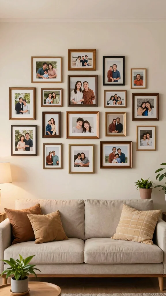 13 Living Room Wall Decor Ideas for Art Shelves and Statement Walls - 13. Personalized Photo Walls 1