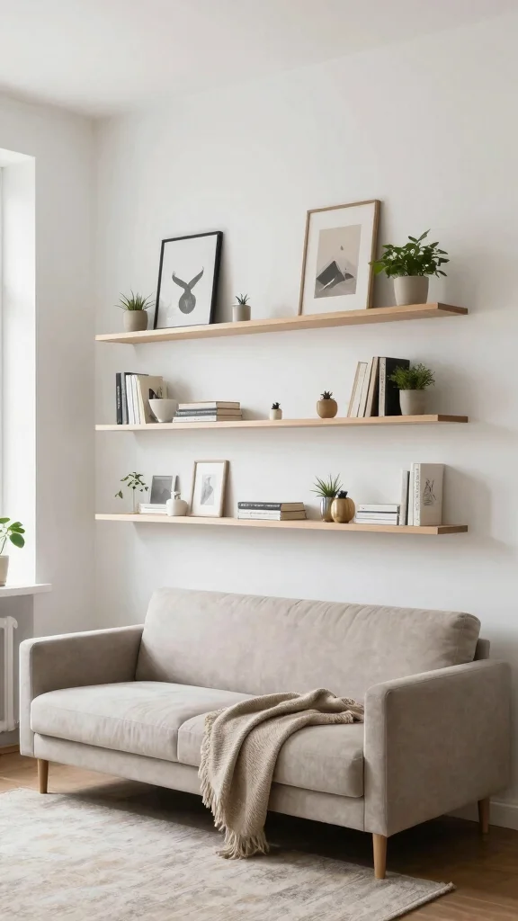 13 Living Room Wall Decor Ideas for Art Shelves and Statement Walls - 3. Minimalist Floating Shelves 1