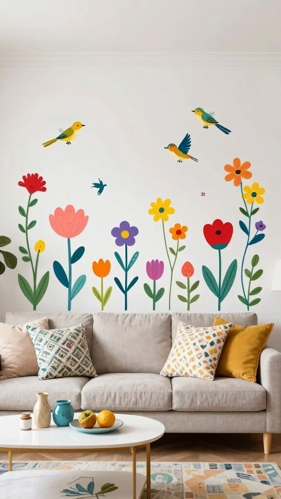 13 Living Room Wall Decor Ideas for Art Shelves and Statement Walls - 9. Whimsical Wall Decals 1