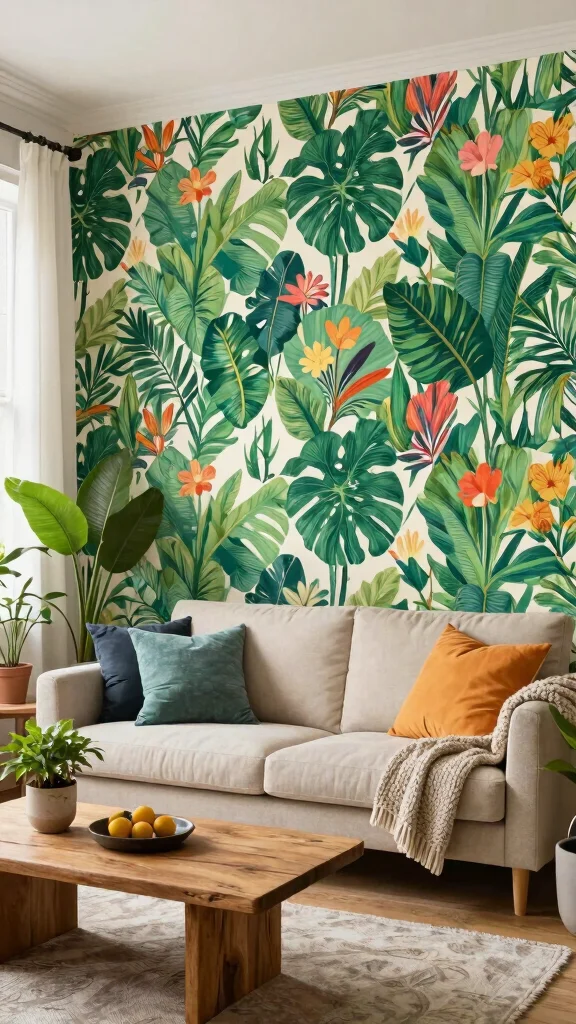 13 Living Room Wallpaper Ideas for Every Style From Bold to Subtle - 1. Bold Botanical Bliss 1